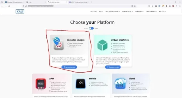 Kali installer images option
