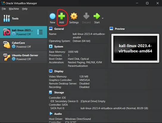 VirtualBox add button