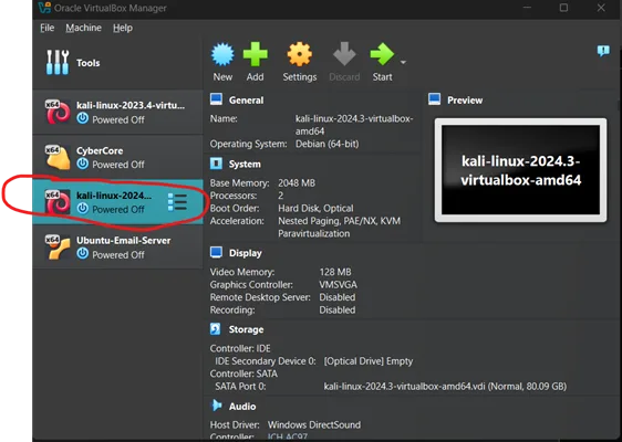 Kali VM in VirtualBox