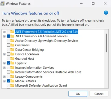 Windows features dialog